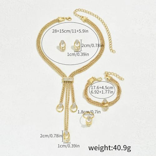 Gold Long Choker Necklace Set 18k Gold Plated Pendant Earrings Necklace Bracelet Set Simple Fashion Chain Jewelry Set For Women - style: 4 pieces