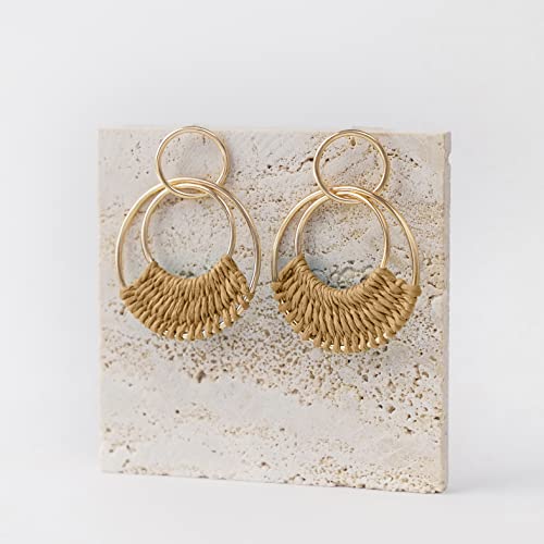 Raffia Hoop Earrings for Women Fun Boho Summer Beach Earrings Lightweight Handmade Straw Wicker Rattan Dangle Earrings Statement Geometric Round Drop Earrings - color: Brown - Round