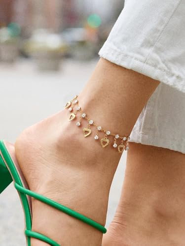 U7 Ankle Bracelets for Women Stainless Steel Waterproof Tarnish Resistant | 18K Gold Plated/Silver/Rose Gold Anklets, Cuban Chain Anklet Bracelets, Perfect for Summer Beach and Vacation Outfits - color: Gold Plated-White-Heart Charm