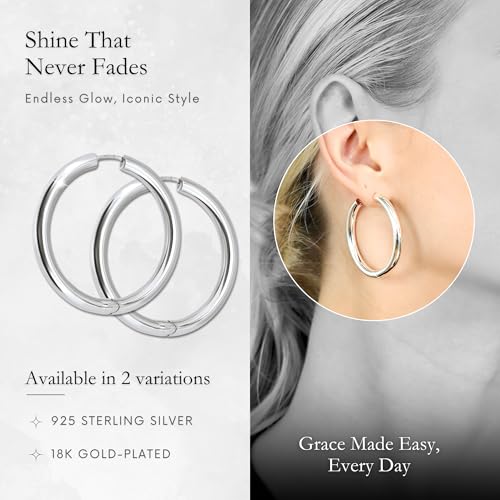 18K Gold Plated Sterling Silver Earrings for Women – Pure & Polished, Twist, Square, Hinged Tube, Abstract & Heart Shape Hoops – Lightweight, Hypoallergenic, Non-Tarnish Jewelry (Sizes: 3x35mm-46x30mm) - color: Silver, size: Hinged Tube (5x45mm)