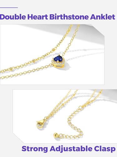 Richsteel Double Layer Heart/Butterfly Birthstone Anklet for Women | Non Tarnish Waterproof, Silver/Gold/Black Stainless Steel 8.5-10.5 Inch Adjustable Chain Anklets Summer Beach Foot Jewelry - color: Gold Heart-09 Sep.(Sapphire)