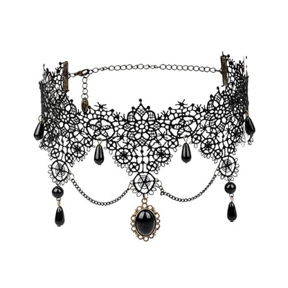 coadipress Gothic Lace Choker Necklace for Women Crystal Royal Court Vampire Choker Gothic Necklace Retro Handmade Halloween Gifts