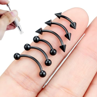 Internally Threaded Eyebrow Piercing Jewelry Surgical Steel Tiny Eyebrow Rings Vertical Labret Lip Jewelry Small Ear Rook Earring for Women Men 18g 16g 14g Plus Piercing Ball Grabber Tool - color: black, size: 18g,ball+spike end