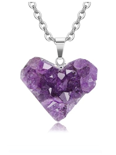Jovivi Natural Amethyst Cluster Crystal Necklace for Women Men,Irregular Raw Rough Amethyst Quartz Stone Pendant Necklace Jewelry for Spiritual Reiki Healing,Beauty, Love and Positive Energy - color: Silver Plated - Heart Crystal