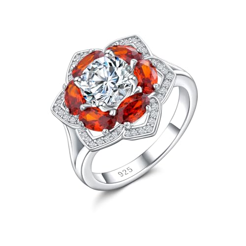 Flower Engagement Promise Ring Sterling Silver Birthstone Rings for Women Sapphire/Emerald/Ruby Gemstone Six Leaf Clover Statement Cocktail Ring Size 6 to 10 - style: 01. January-Created Garnet