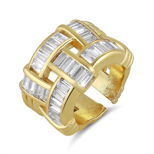 HZMAN 14K Gold Plated Open Ring for Women Brass Crystal Non Adjustable Statement Ring Collection - color: Clear Baguette Crystal