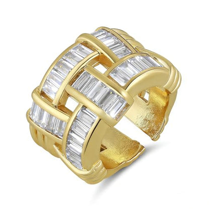 HZMAN 14K Gold Plated Open Ring for Women Brass Crystal Non Adjustable Statement Ring Collection - color: Clear Baguette Crystal