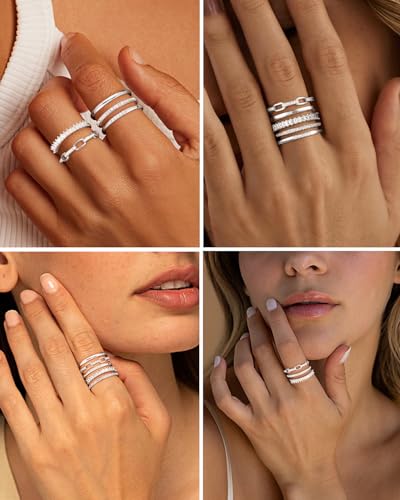 Honsny Stackable Gold Rings for Women Non Tarnish Engagement Wedding Bands | 18K Gold Plated, Cubic Zirconia Stacking Rings, Thumb Ring Set, Thin Eternity Promise Wedding Bands, Size 6 7 8 9 10 11 - color: Silver 2