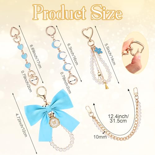 Sureio 5 Pcs Bag Extender Chain Pearl Purse Chain Ribbon Bow Keychain Extender Bag Strap Purse Charms Accessories for Handbag - color: Blue and Gold