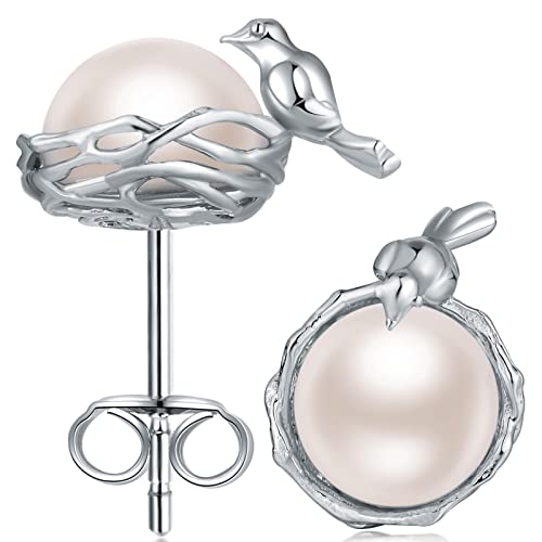 Han han Pearl Stud Earrings for Women 925 Sterling Silver, Pearl Jewelry Gift for Women 8MM-13MM - style: G-Bird Pearl Studs-8mm