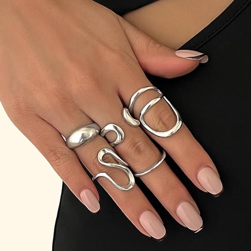 Chunky Gold Stackable Rings Set for Women Trendy Stackable Knuckle Rings Dainty Thick Dome Midi Ring Punk Jewelry Gifts - color: Silver