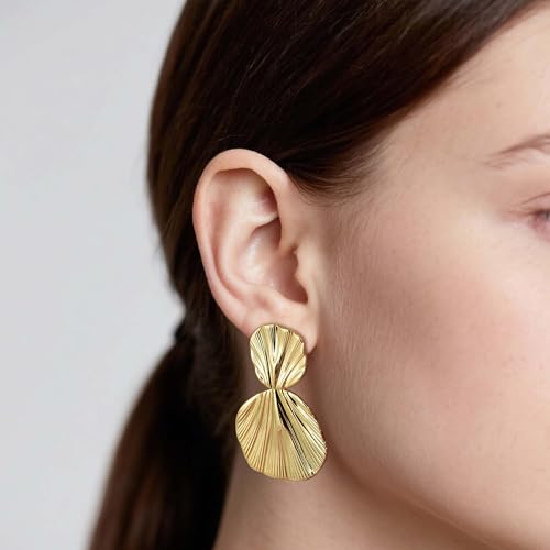 Large Geometric Drop Dangle Earrings for Women Pearl Teardrop Disc Rectangle Oval Fishtail Shell Shaped Textured Dangle Studs Earrings for Women - color: Gold-Shell A