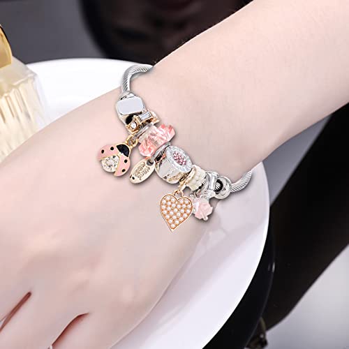 DS Charm Bracelets for girls,exquisite cute cartoon friendship bracelets Silver Stainless Steel Bangle with birthday Gift box, Adjustable girls jewelry Suitable for holiday gifts - style: Silver-pink beetle