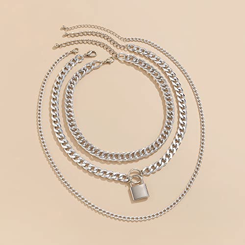 Jumwrit Chunky Chain Necklace Punk Layered Choker Necklaces Cuban Link Chain Necklace with Lock Pendant Necklace Statement Necklace for Women and Girls - color: Silver