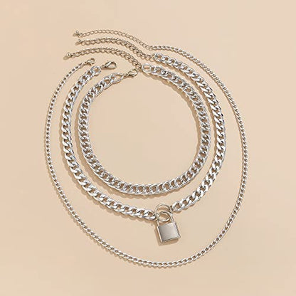 Jumwrit Chunky Chain Necklace Punk Layered Choker Necklaces Cuban Link Chain Necklace with Lock Pendant Necklace Statement Necklace for Women and Girls - color: Silver