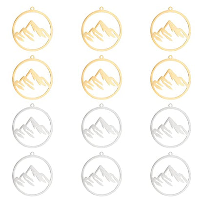 UNICRAFTALE Mountain Charms Flat Round with Mountain Dangle Pendants Stainless Steel Pendants Hypoallergenic Hollow Charms for Outdoor Lovers Hikers Skiers Climbers - style: Mountain