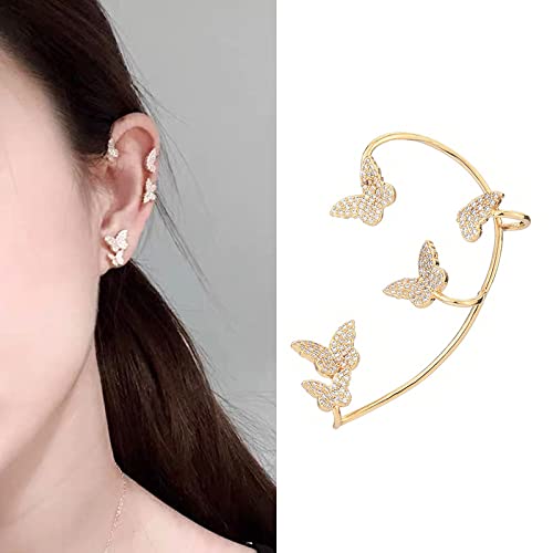 Luxury 3D Butterfly Cuff Earrings Ear Wrap Earrings Crystal CZ No Piercing Ear Clip Crawler Full Rhinestone for Women Wedding Jewelry - style: 1 Pairs Gold