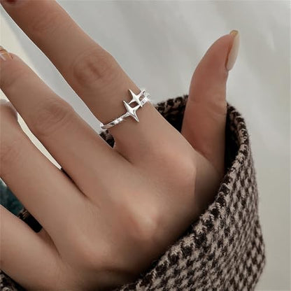 Dainty Twin Star Adjustable Open Wrap Ring for Women Silver Plated Stacking Statement Crystal Celestial Finger Rings Layered Comfort Fit Fashion Birthday Holiday Jewelry Gift