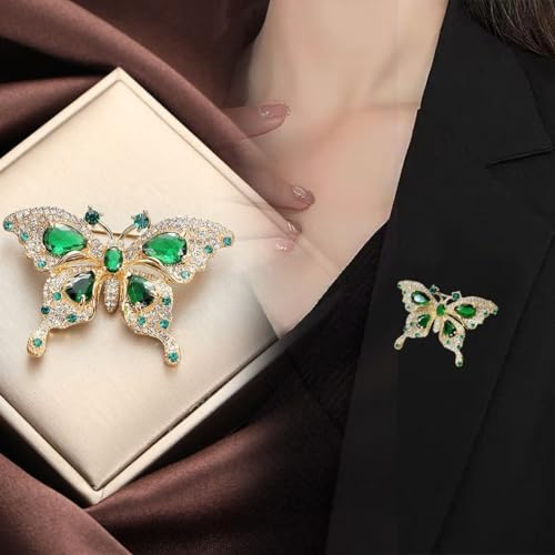 2pcs Rhinestone Brooch Pin for Women Dress Elegant Stylish Crystal Brooches Fashion Accessories Pins Lapel Boutonniere Ideas Wedding Christmas Birthday Jewelry Easter Gift - color: 13 Green Butterfly/Gold