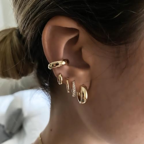CONRAN KREMIX Small Thick Gold Chunky Hoop Earrings Lightweight Huggie Hoops For Women - color: Gold