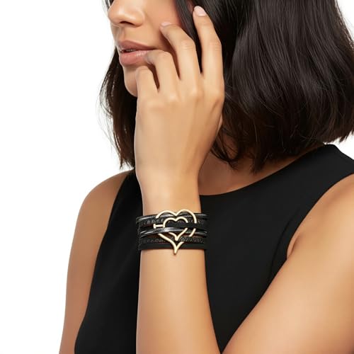 Edoneery Leather Wrap Bracelets for Women, Boho Layered Cuff Bangle | Multi-layer Leather Cuff, Daily wear, Stackable Bangle, Easy on-off, Western Jewelry Gifts for Women - color: Black-5