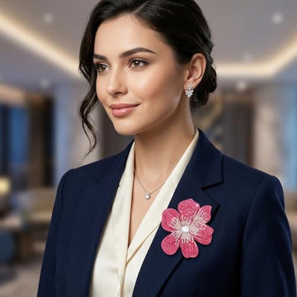 3.74 Inches Rhinestone Camellia Flower Brooch Pins & Hair Clips for Women Elegant Created Crystal Lapel Pin Brooches Wedding Party - color: Rose