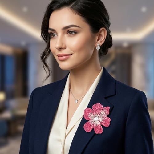 3.74 Inches Rhinestone Camellia Flower Brooch Pins & Hair Clips for Women Elegant Created Crystal Lapel Pin Brooches Wedding Party - color: Rose