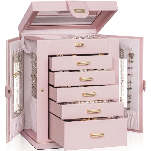 AKOZLIN 6-Tier Jewelry Box Organizer Functional 5 Drawers Leather Jewelry Storage Case for Women Girls Ring Necklace Earring Bracelet Holder Organizer with Mirror Pink 360° Rotating - color: Pink, size: S-Medium