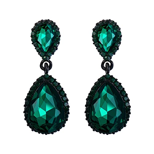 EVER FAITH Women's Austrian Crystal Wedding Tear Drop Dangle Earrings | Bridal Prom Jewelry for Bride Bridesmaid - color: Green Black-Tone