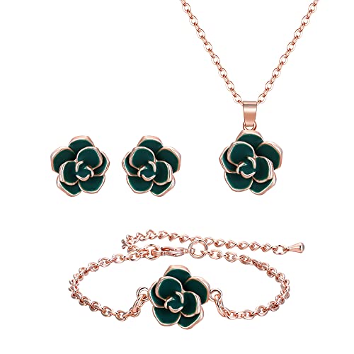EleQueen Rose Flower Necklace Earrings Bracelet Set for Women - color: 05_Green Necklace+Earrings+Bracelet