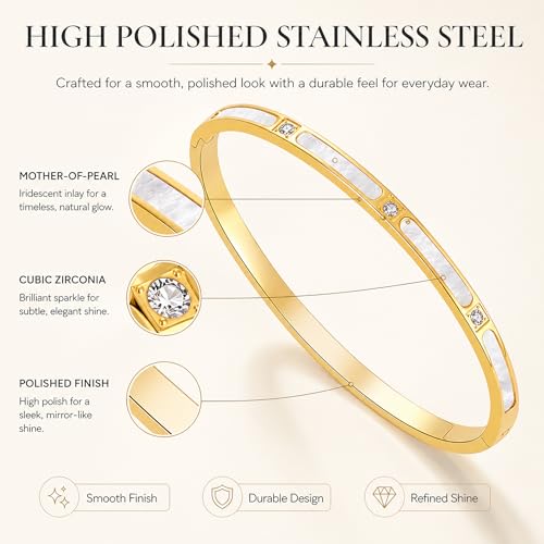 ZEZE++ Gold cuff bracelets for women - Mother of Pearl and Cubic Zirconia Bangle, High Polished Stainless Steel, Perfect for Wedding, Party, and Gift for Her - color: Gold