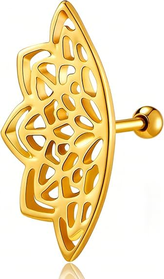 14K Gold Plated Hidden Helix Piercing Jewelry for Women Gothic Boho Mandala Lotus Cartilage Earring Flat Back Pure Titanium Geometric Helix Stud Unique Spiritual Punk Jewelry Gifts - color: Gold