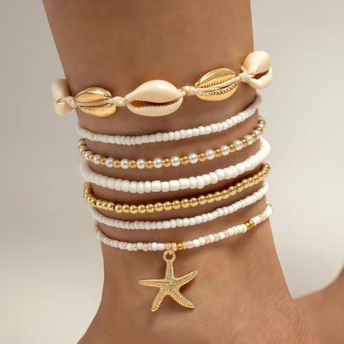 Qceasiy Starfish Ankle Bracelets for Women, Boho Beaded Beach Anklets Set | Gold-plated layered anklets in seashell, disc, and conch styles, with stretch or adjustable fits for summer beach outfits. - color: Gold 4