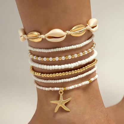 Qceasiy Starfish Ankle Bracelets for Women, Boho Beaded Beach Anklets Set | Gold-plated layered anklets in seashell, disc, and conch styles, with stretch or adjustable fits for summer beach outfits. - color: Gold 4