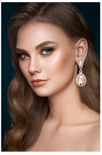 Elegant Rhinestone Statement Earrings Sparkly Cluster Crystal Drop Dangle Earrings Teardrop Chandelier Earrings Wedding Bridal Prom Earrings for Women - color: B1:Champagne
