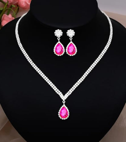 Elegant Silver Crystal Wedding Necklace Earrings Bracelet Jewelry Set for Women Brides Bridesmaids Prom Party Costume Accessory Bridal Jewelry - color: silver-hot pink