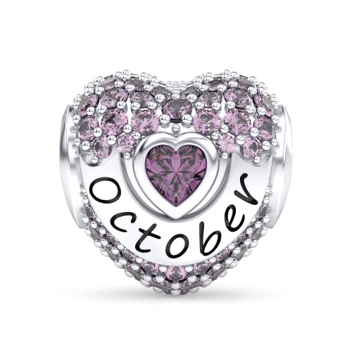 Birthstone Charms Love Heart Openwork Bead Charm for Women Bracelets and Necklaces 925 Sterling Silver with 5A Cubic Zirconia,Jewelry Gifts Women - color: Silver October Birthstone Charms