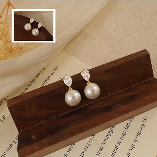 Pearl Earrings for Women:Gold Wedding Dangle Drop Earring Pearl Jewelry | 14K Gold Plated Pearl Drop Earrings for Women,Dainty Wedding Bride Earring Studs,Gold Dangle Drop Earring,Waterproof Jewelry - size: 1 pcs-2
