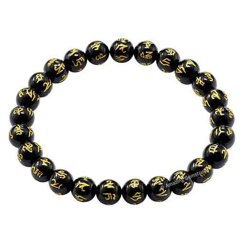 Amazing Gemstone Om Mani Padme Hum Black Agate Crystal Bracelet for Women Men's Gifts - Protection Healing Crystal Bracelet - 8mm Gemstone Beaded Stretchable Bracelet Pulseras Para Hombres Mujer Stocking Stuffers Mothers Day Gift - color: Black Agate (Om