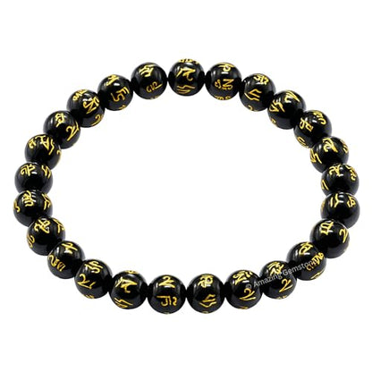 Amazing Gemstone Om Mani Padme Hum Black Agate Crystal Bracelet for Women Men's Gifts - Protection Healing Crystal Bracelet - 8mm Gemstone Beaded Stretchable Bracelet Pulseras Para Hombres Mujer Stocking Stuffers Mothers Day Gift - color: Black Agate (Om