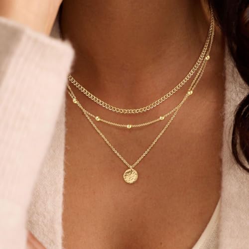 Ewrkbr Layered Necklaces for Women, Dainty Gold Necklace Stack 14k Gold Plated Layering Beaded Chain Choker Necklaces for Women Trendy Simple Disc Star Pendant Necklace Set Fashion Waterproof Jewelry - color: Gold-Cuban