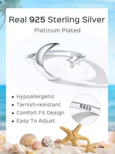 ChicSilver Toe Rings for Women 925 Sterling Silver Adjustable Toe Ring | 925 sterling silver, hypoallergenic for sensitive skin, adjustable open band, summer beach wear gift - color: G: Moon Star (1 pc)