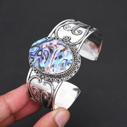 Silver Plated Statement Cuff Bangle Bracelet for Women – Handcrafted Wide Boho Bracelet with Natural Stone Inlay (Abalone Shell, Blue Turquoise, Malachite) Ideal Gift For Birthday Anniversaries Adjustable Fashion Jewelry - color: Abalone Shell