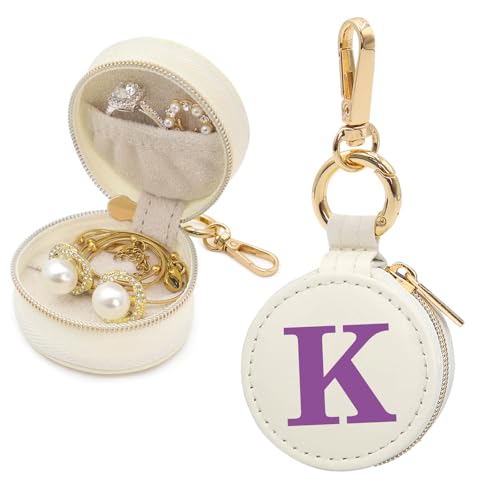 Mini Initial Travel Jewelry Case Ring Holder, Beige Faux Leather Small Jewelry Organizer Box Gifts for Women Girls Nurse Teacher, Gym Travel Accessories Keychain Pouch for Earrings Rings Necklace K - color: Beige, size: Leather-K