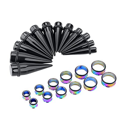24PC Ear Gauge Stretching Kit Acrylic Tapers and Surgical Steel Tunnels Plugs 00G-20MM Gauge Stretching Kit - color: Black Rainbow