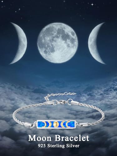 Waves/Tree of Life/Mushrooms/Moon Phase/Butterfly/Hummingbird Bracelet/Anklet 925 Sterling Silver Adjustable Abalone Shell Bar Bracelet/Anklet Summer Jewelry Gifts for Women - color: Moon Phase-Blue Opal, size: Bracele 7"+2"