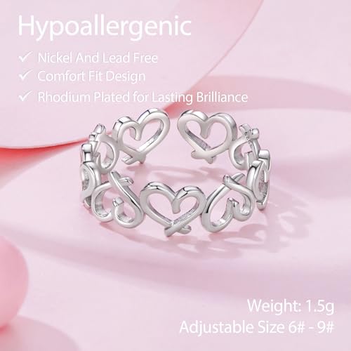 Silver Open Adjustable Stacking Rings for Women, Minimalist Wrap Band Set, Geometric/Heart/Wave/Leaf/Spiral Styles, Hypoallergenic, Gift Box Included, Thumb Ring Option - color: Heart