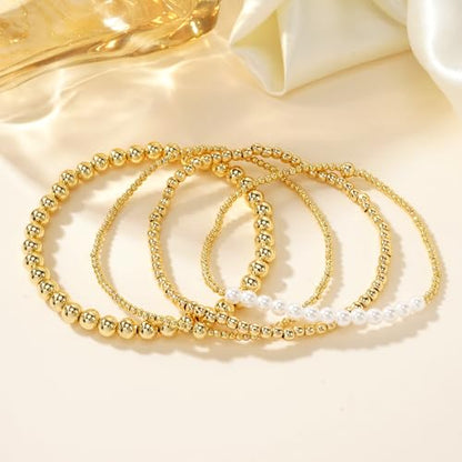 14K Gold Plated Beaded Bracelets Stack Set for Women,Stretch Boho Ball Jewelry Friendship Trendy - color: Pearl