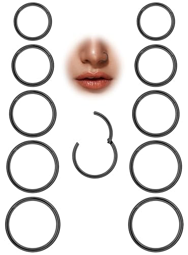 10Pcs 18G 20G Surgical Steel Nose Rings Hoops for Women Men Hinged Seamless Clicker Nose Hoops Cartilage Helix Tragus Daith Sleeper Earrings Hoop Hypoallergenic Nose Piercing 6/7/8/9/10MM - color: black, size: 20G