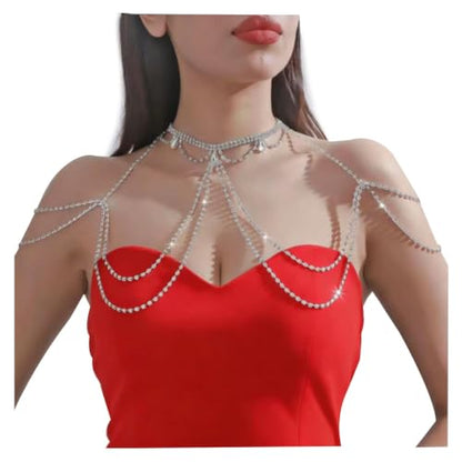 Sexy Rhinestone Shoulder Body Chain Jewelry,Multi-layered Waterdrop Rhinestone Bridal Back Chain Necklace Sexy Festival Rave Crystal Shoulder Chain Wedding Backdrop Jewelry for Women - style: Silver